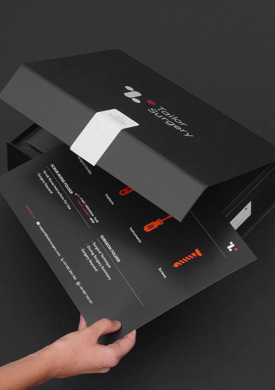 The single-use case box being opened, with the contents sheet listing the surgeon and scrub-nurse folders